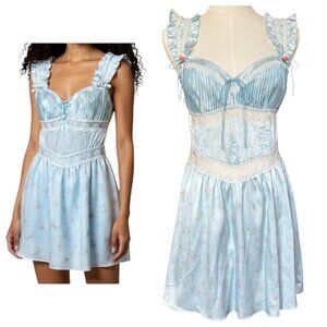 For Love & Lemons Ellery Slip Dress Baby Blue Lace Trim Satin S